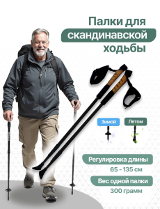 Трость для "скандинавской" ходьбы YXE01 телескопическая,3-х секционная,черная (65-135см)